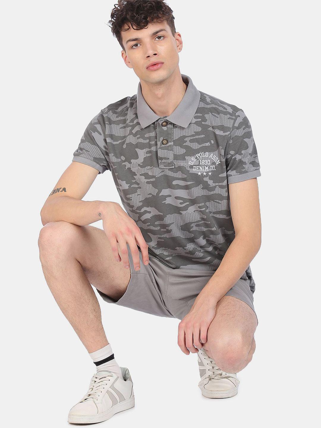 u.s. polo assn. denim co. men grey camouflage printed pure cotton polo collar t-shirt