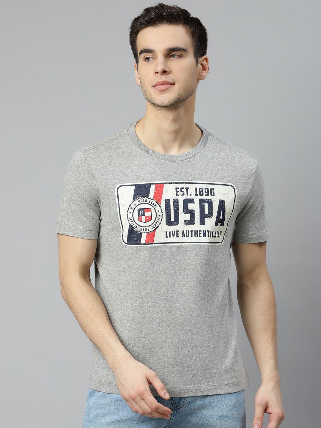 u.s. polo assn. denim co. men grey melange & navy blue cotton brand logo print t-shirt