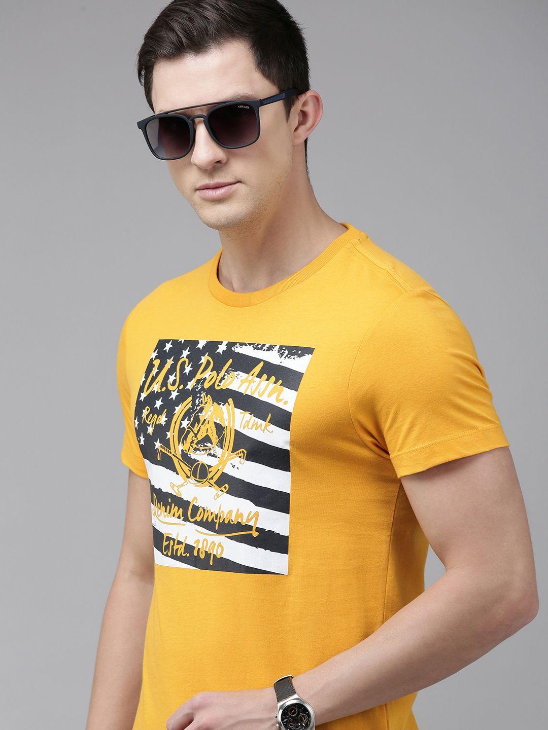 u.s. polo assn. denim co. men mustard yellow brand logo printed pure cotton t-shirt