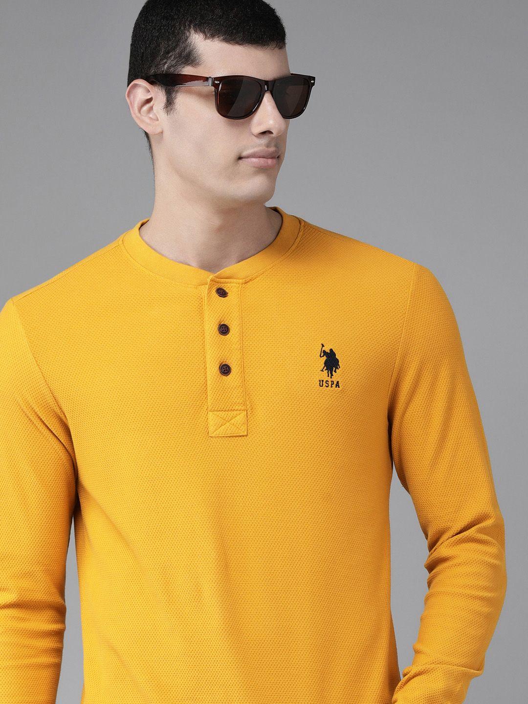 u.s. polo assn. denim co. men mustard yellow henley neck pure cotton slim fit t-shirt