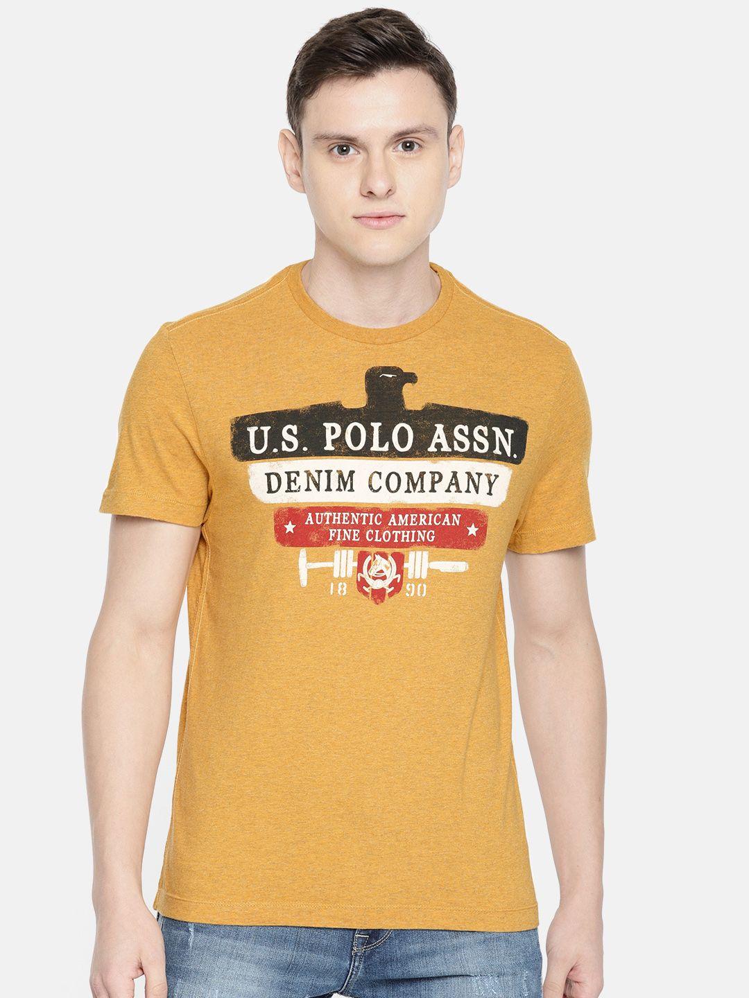 u.s. polo assn. denim co. men mustard yellow slim fit printed round neck pure cotton t-shirt