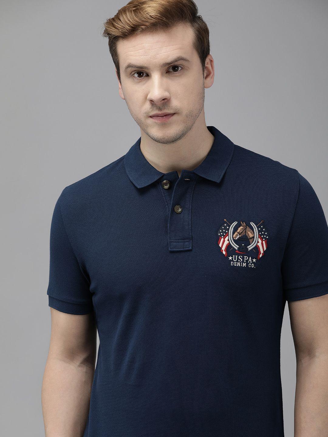 u.s. polo assn. denim co. men navy blue pure cotton brand logo printed polo collar t-shirt