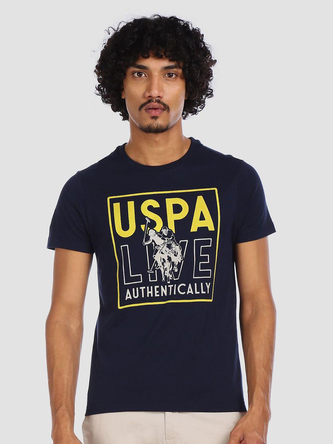 u.s. polo assn. denim co. men navy blue slim fit brand logo printed round neck pure cotton t-shirt