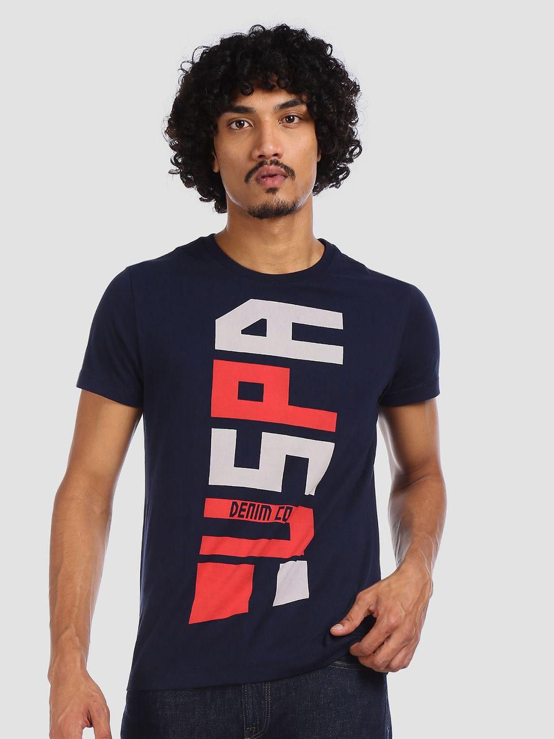 u.s. polo assn. denim co. men navy blue slim fit brand logo printed round neck pure cotton t-shirt