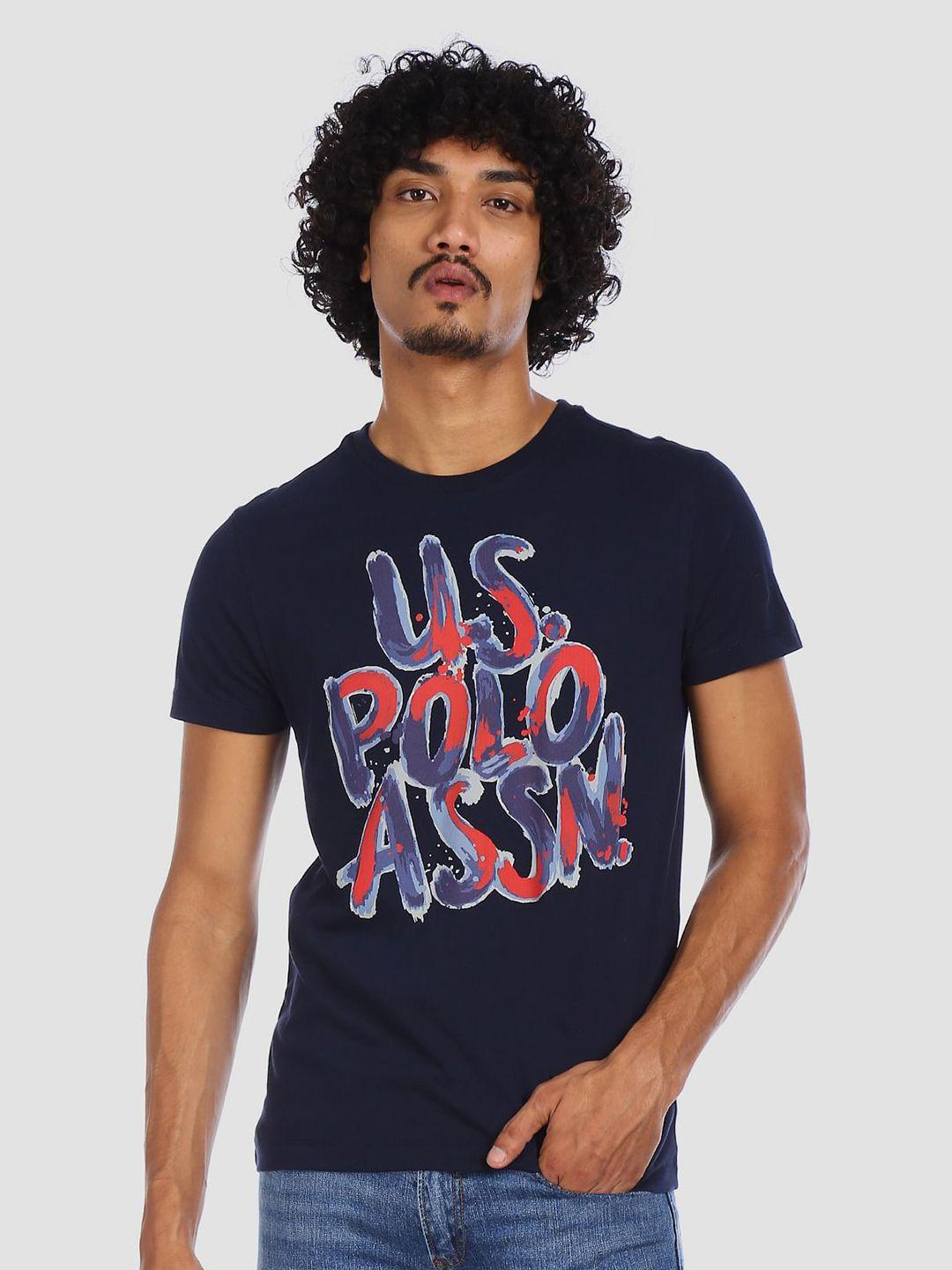 u.s. polo assn. denim co. men navy blue slim fit brand logo printed round neck pure cotton t-shirt