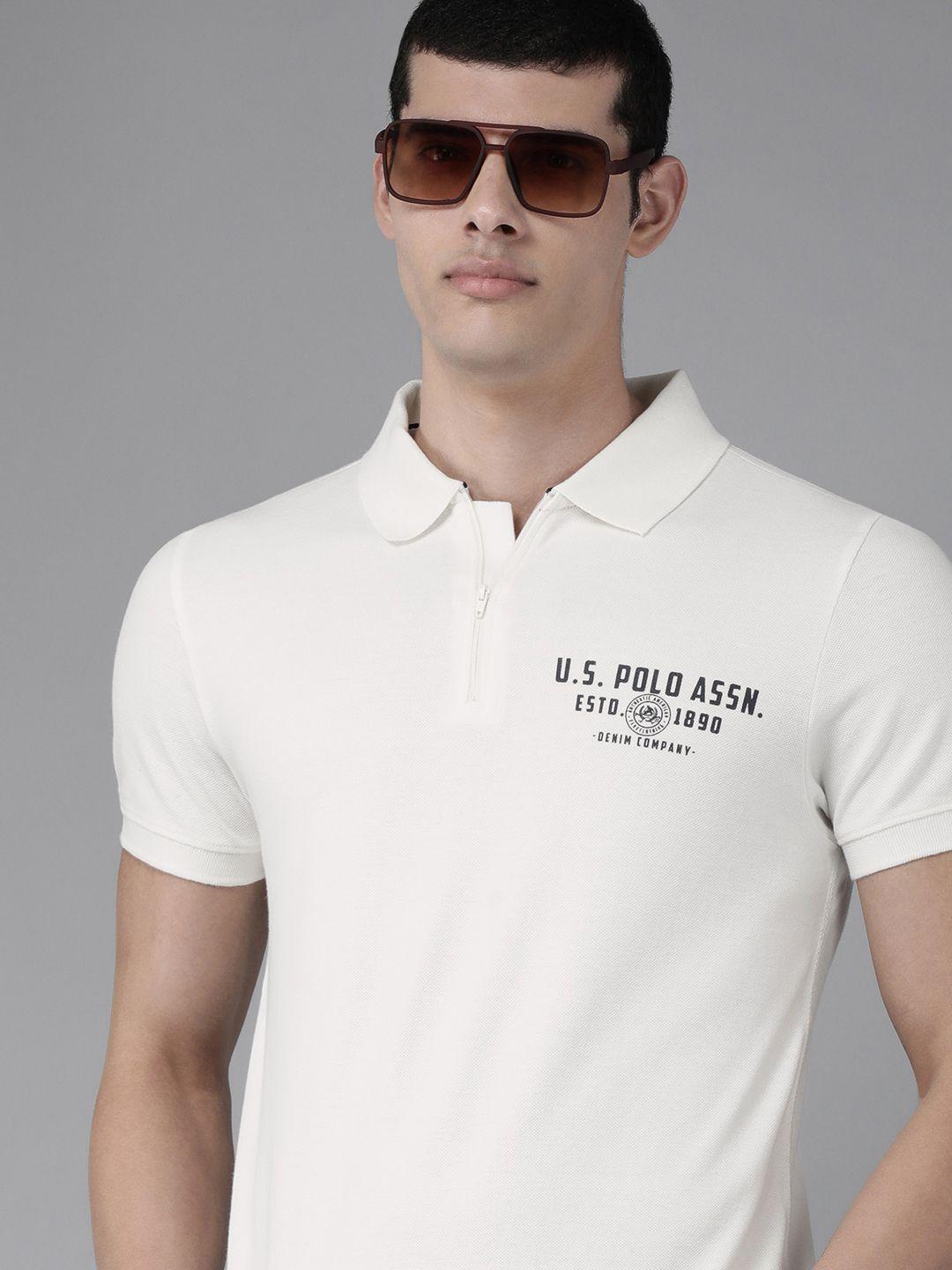 u.s. polo assn. denim co. men off-white brand logo printed pure cotton slim fit t-shirt