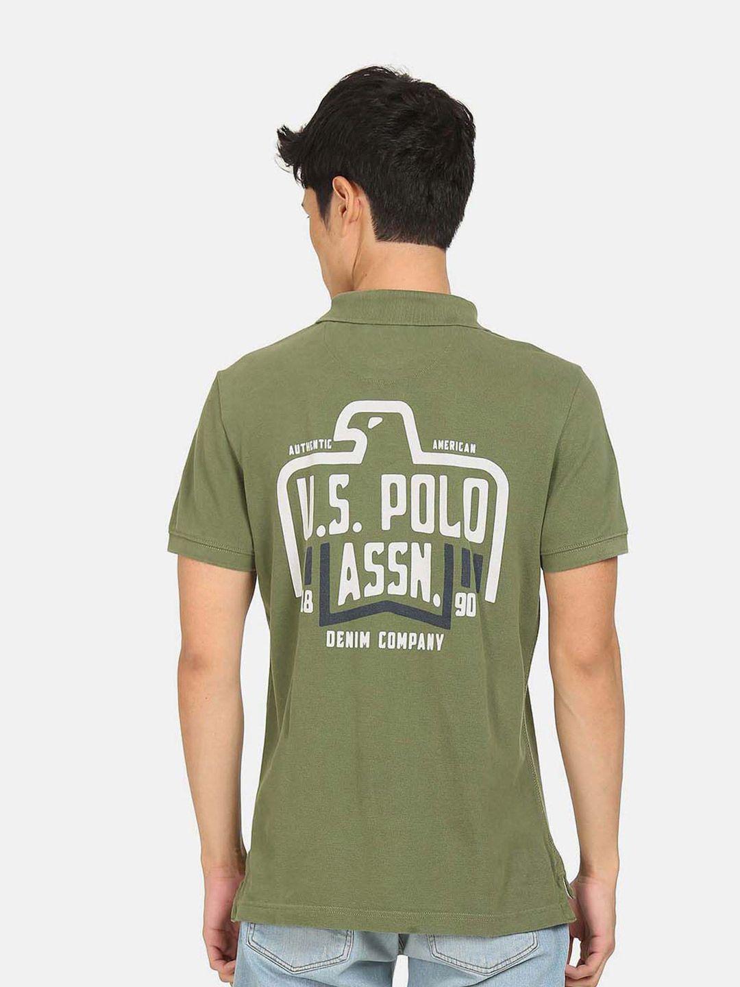 u.s. polo assn. denim co. men olive green & white brand logo printed polo collar pure cotton t-shirt