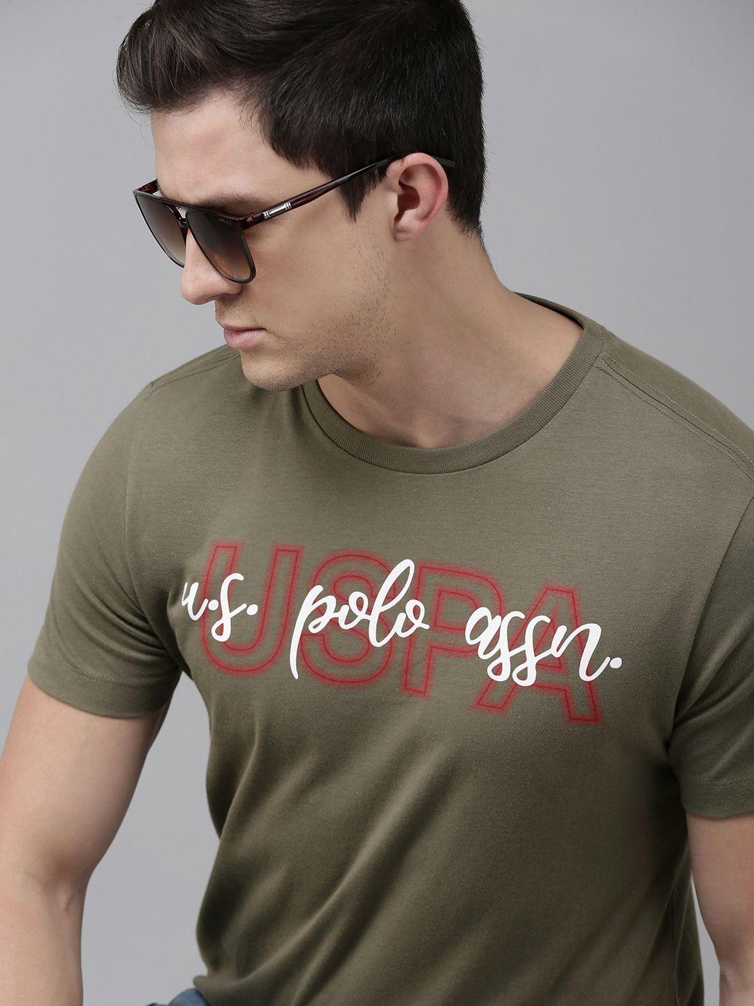 u.s. polo assn. denim co. men olive green brand logo printed pure cotton slim fit t-shirt