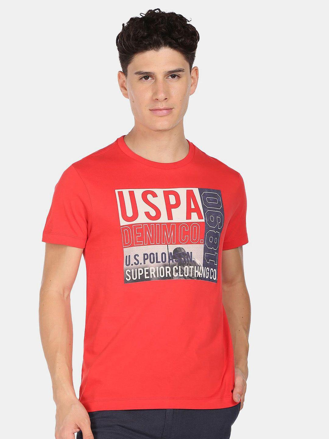 u.s. polo assn. denim co. men red & beige typography printed cotton t-shirt