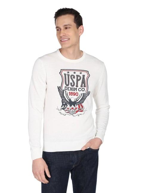 u.s. polo assn. denim co. off white cotton regular fit printed sweater