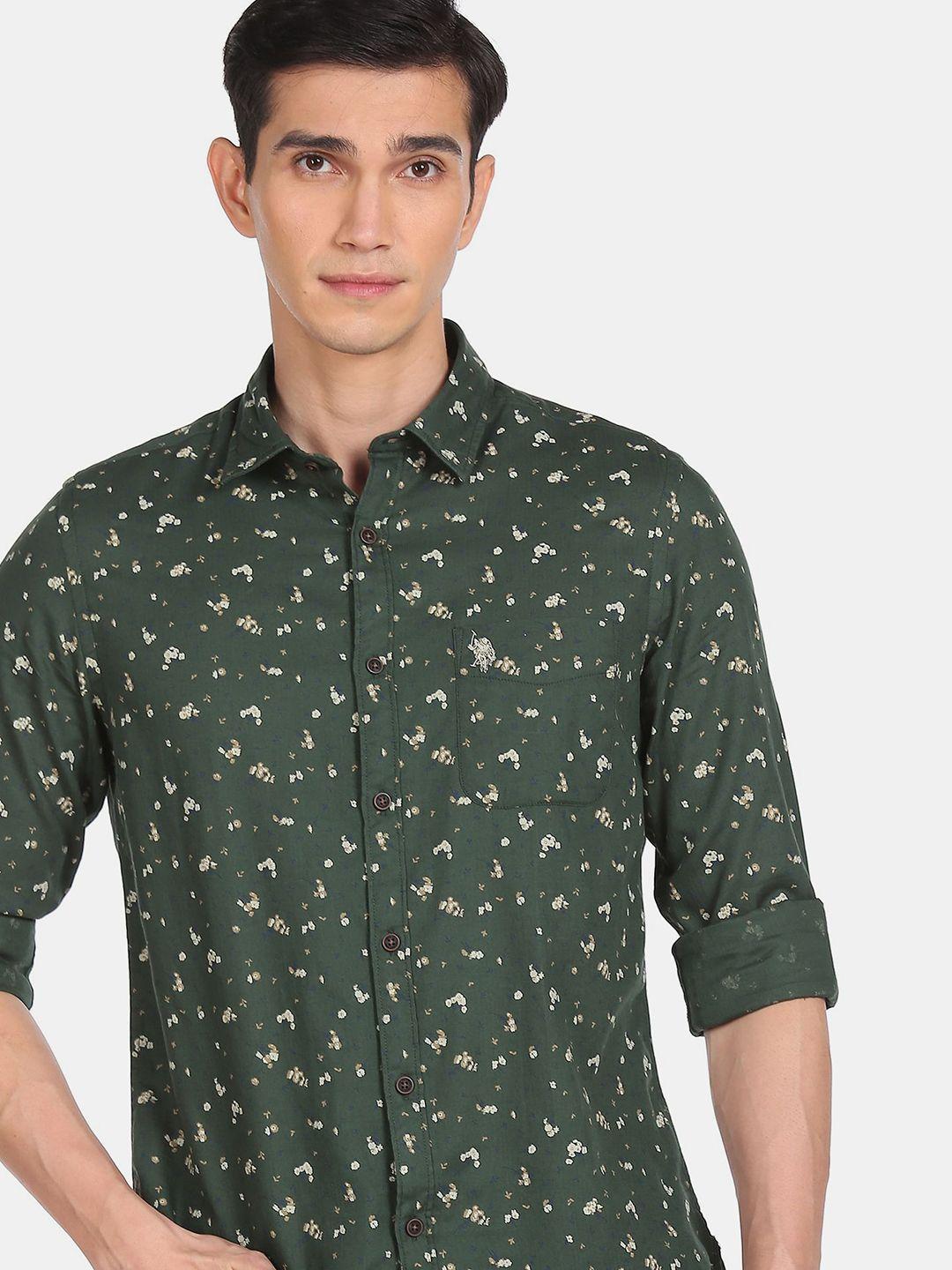 u.s. polo assn. denim co.men green regular fit floral printed cotton casual shirt