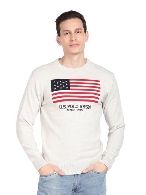 u.s. polo assn. ecru cotton regular fit printed sweater