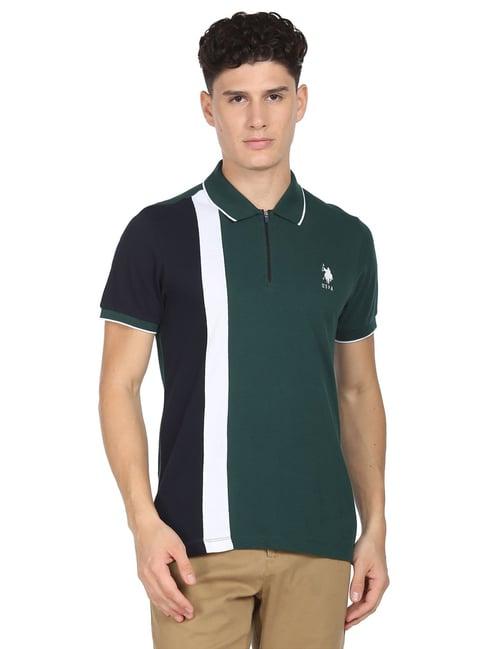 u.s. polo assn. green & black cotton slim fit colour block polo t-shirt