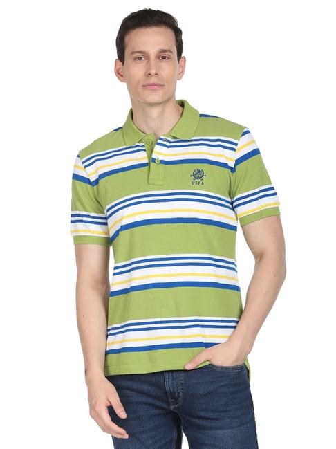 u.s. polo assn. green cotton regular fit striped polo t-shirt