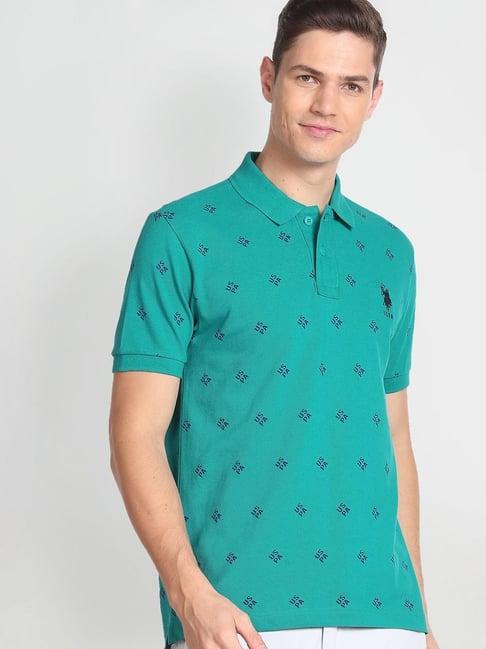 u.s. polo assn. green cotton slim fit printed polo t-shirt