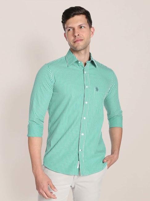 u.s. polo assn. green striped regular fit cotton shirt