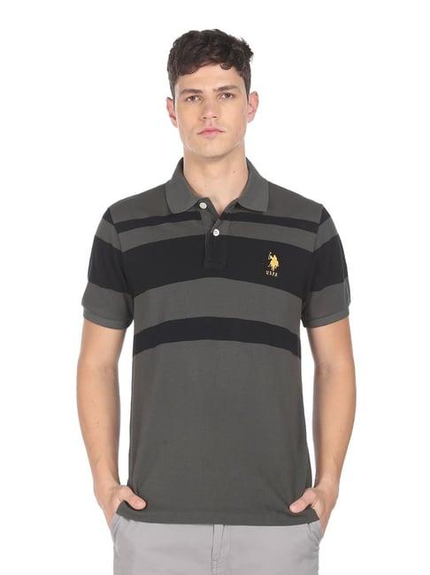 u.s. polo assn. grey cotton regular fit striped polo t-shirt