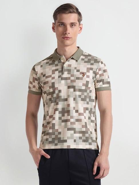 u.s. polo assn. khaki muscle fit geometric print cotton polo t-shirt