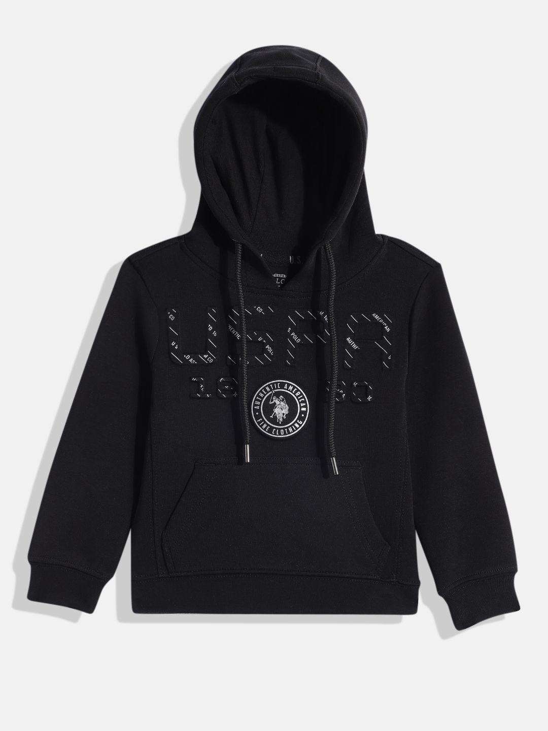 u.s. polo assn. kids boys black brand logo embossed hooded sweatshirt