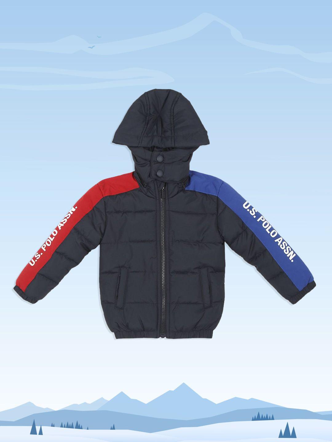 u.s. polo assn. kids boys blue & red colourblocked padded hooded jacket