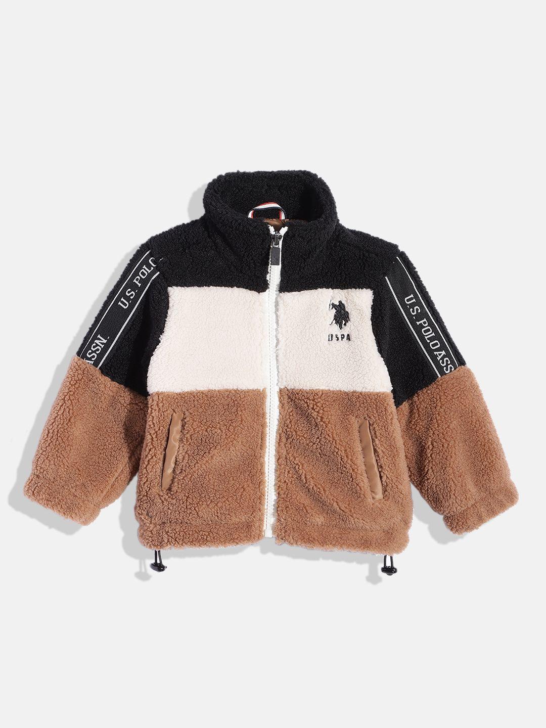 u.s. polo assn. kids boys brown & off-white colourblocked sherpa jacket