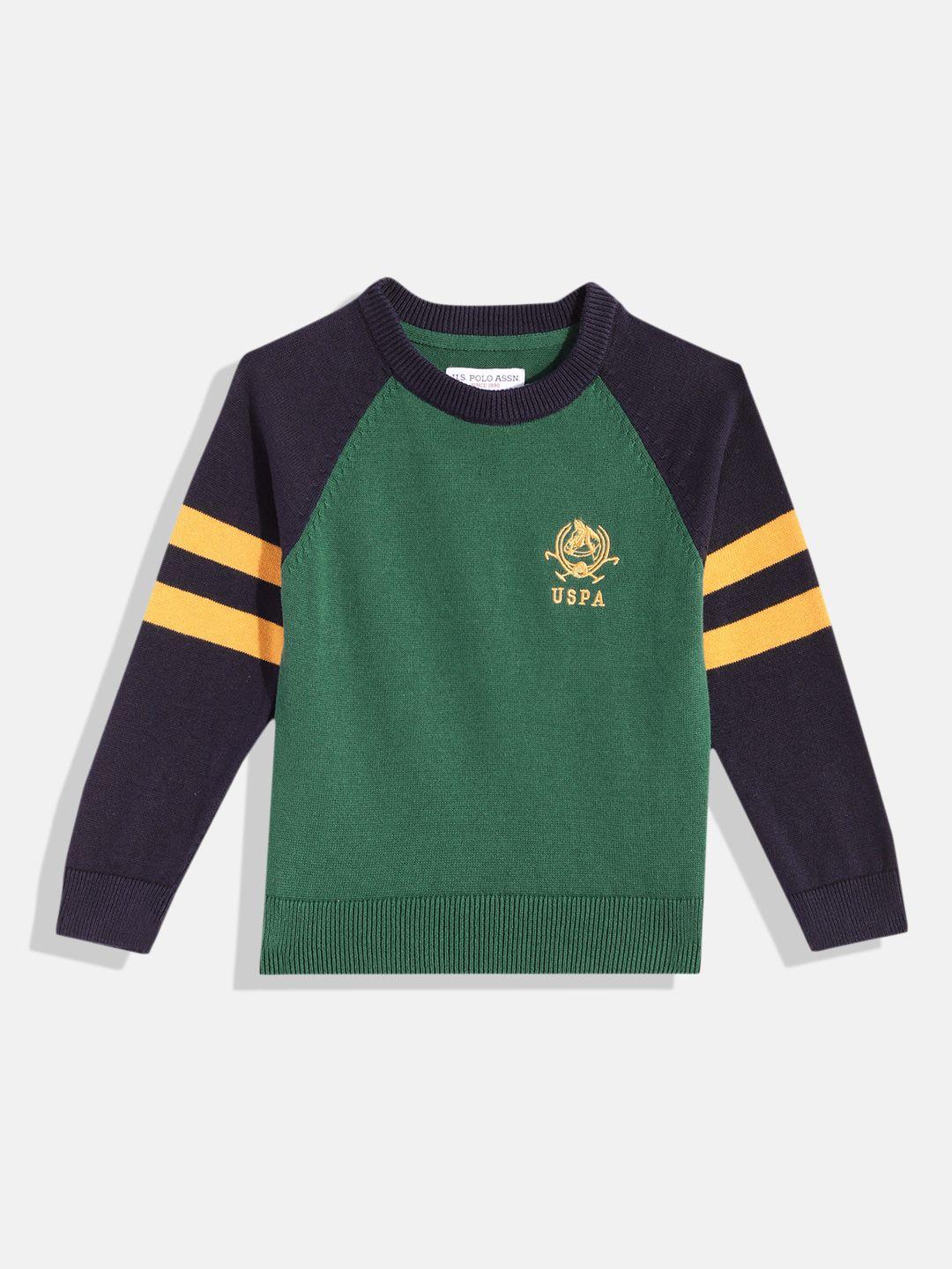 u.s. polo assn. kids boys green & navy blue colourblocked pure cotton pullover