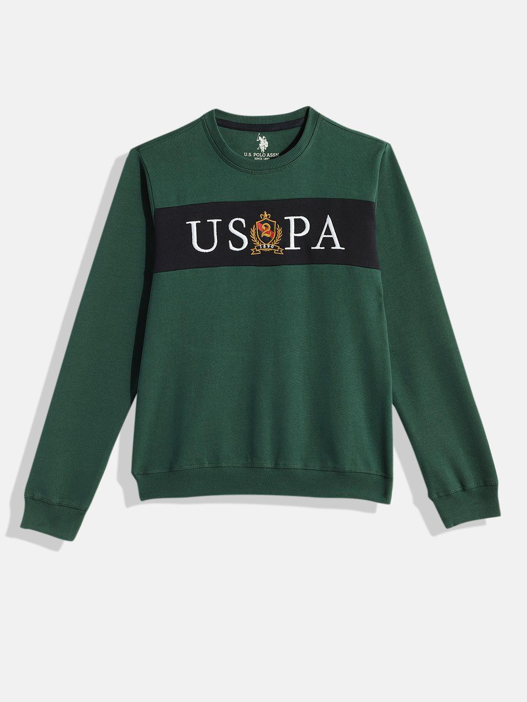 u.s. polo assn. kids boys green brand logo printed round neck sweatshirt