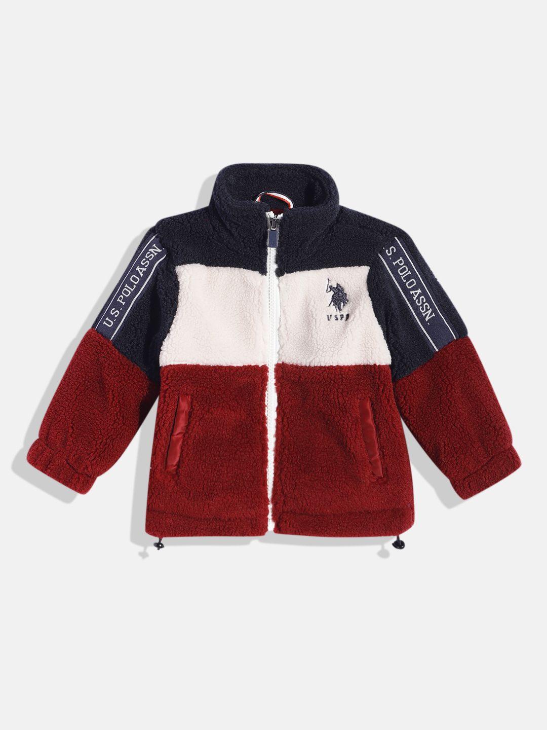 u.s. polo assn. kids boys maroon & off-white colourblocked sherpa jacket