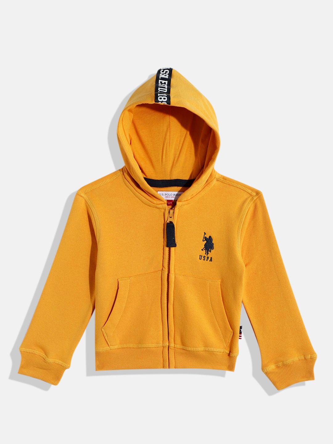 u.s. polo assn. kids boys mustard yellow hooded pure cotton front-open sweatshirt