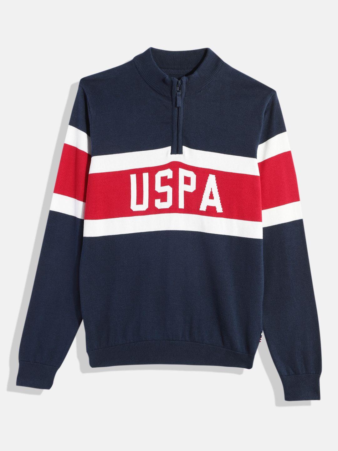 u.s. polo assn. kids boys navy blue & red colourblocked pure cotton pullover