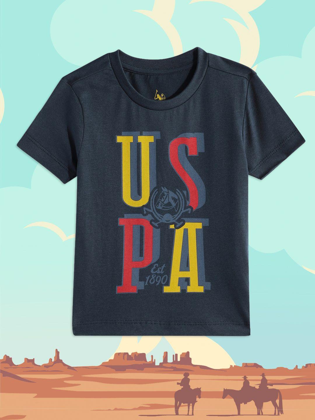 u.s. polo assn. kids boys navy blue brand logo print round neck pure cotton t-shirt