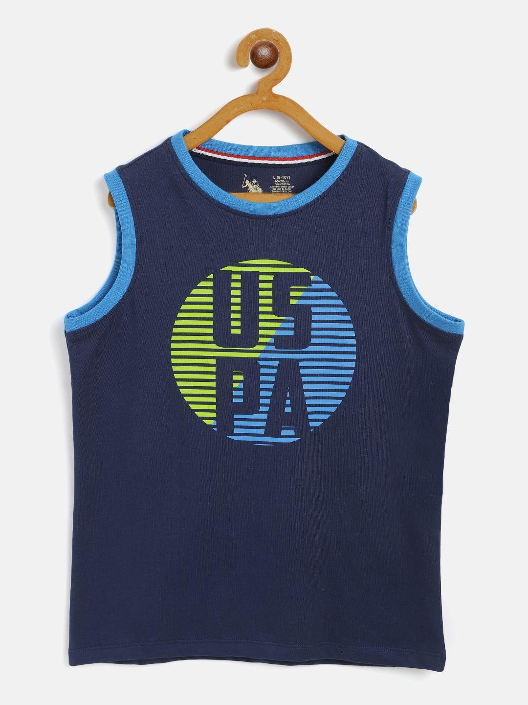 u.s. polo assn. kids boys navy blue cotton printed round neck sleeveless lounge t-shirt