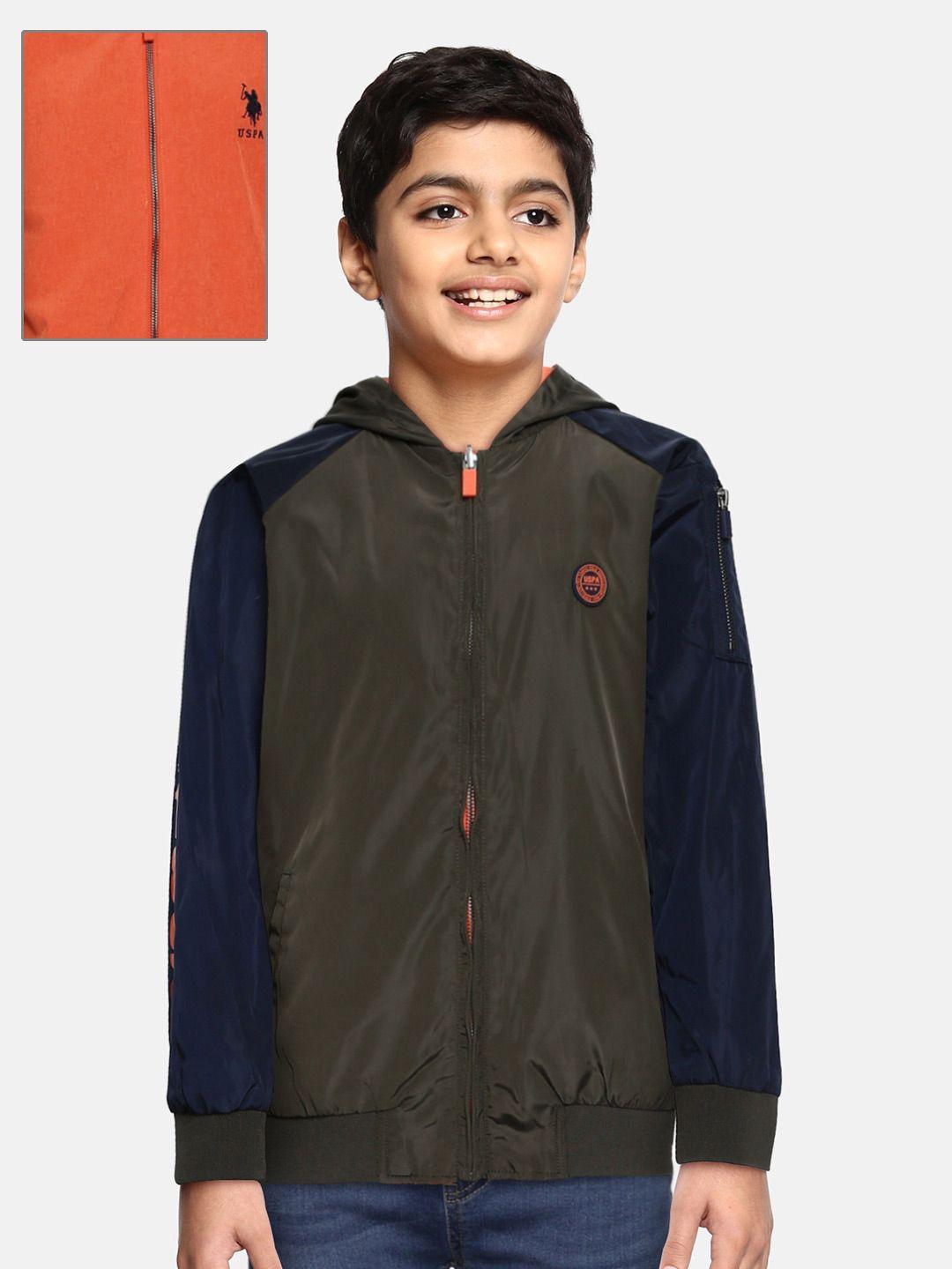 u.s. polo assn. kids boys olive green & peach-coloured reversible bomber jacket