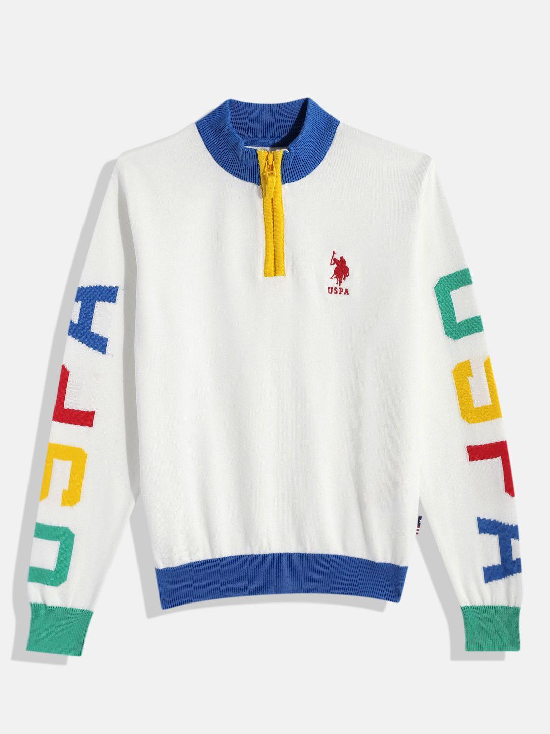 u.s. polo assn. kids boys white & blue pure cotton pullover with print detail