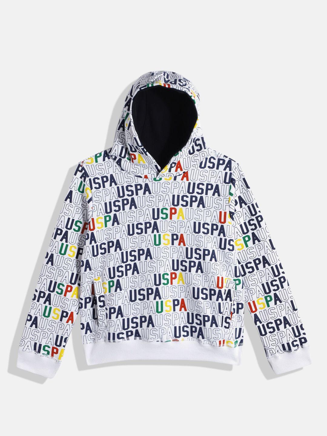 u.s. polo assn. kids boys white & navy blue brand logo print hooded sweatshirt