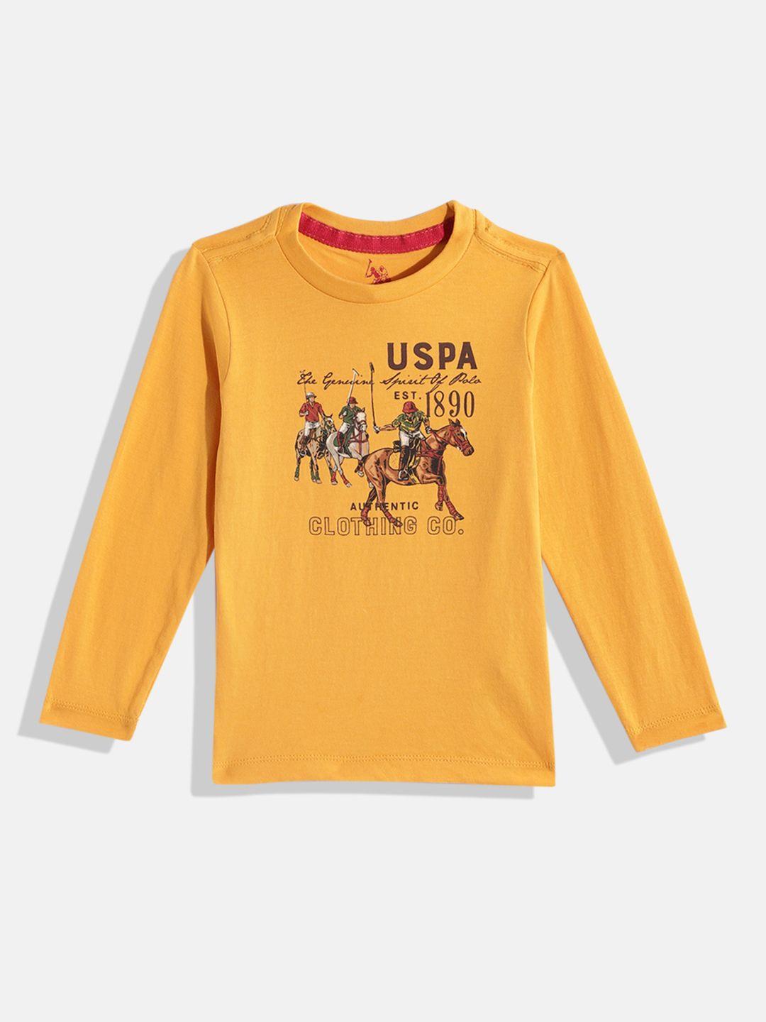 u.s. polo assn. kids boys yellow & brown brand logo printed pure cotton t-shirt