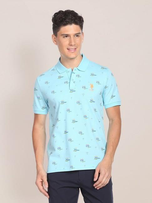 u.s. polo assn. light blue slim fit printed cotton polo t-shirt