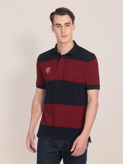 u.s. polo assn. maroon & navy cotton regular fit striped polo t-shirt