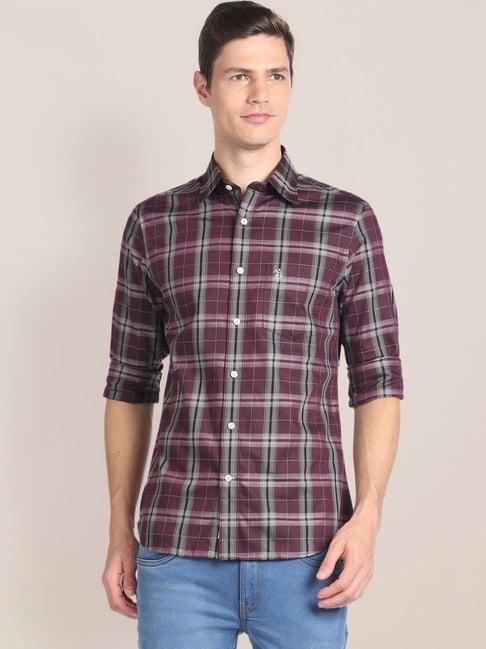 u.s. polo assn. maroon cotton regular fit checks shirt