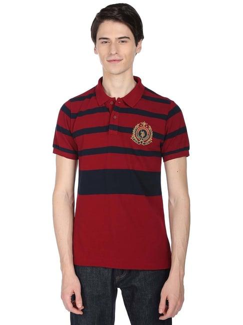 u.s. polo assn. maroon regular fit striped cotton polo t-shirt