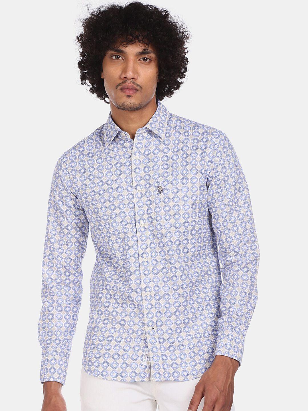 u.s. polo assn. men blue & beige regular fit printed cotton casual shirt