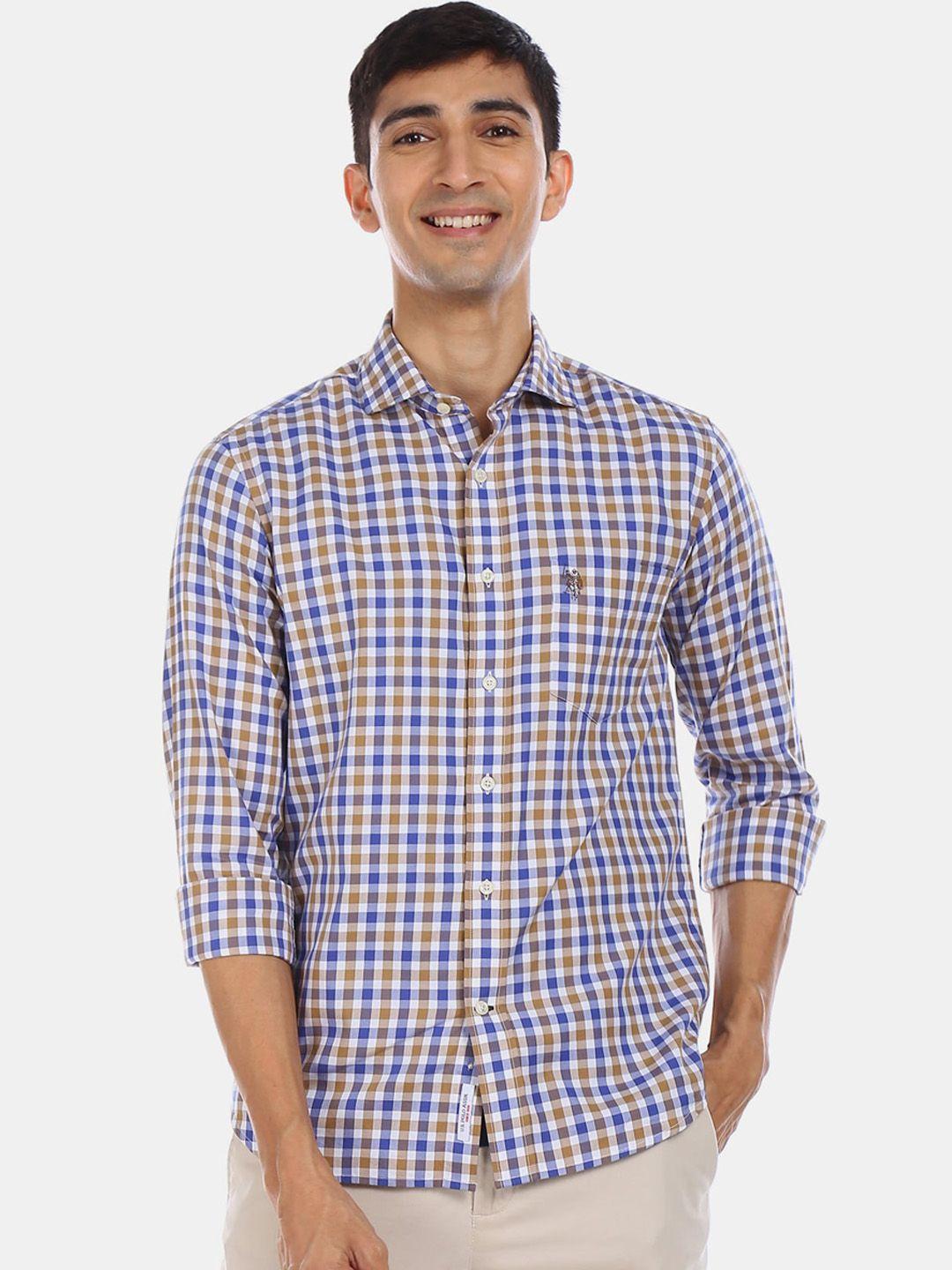 u.s. polo assn. men blue & white regular fit checked cotton casual shirt