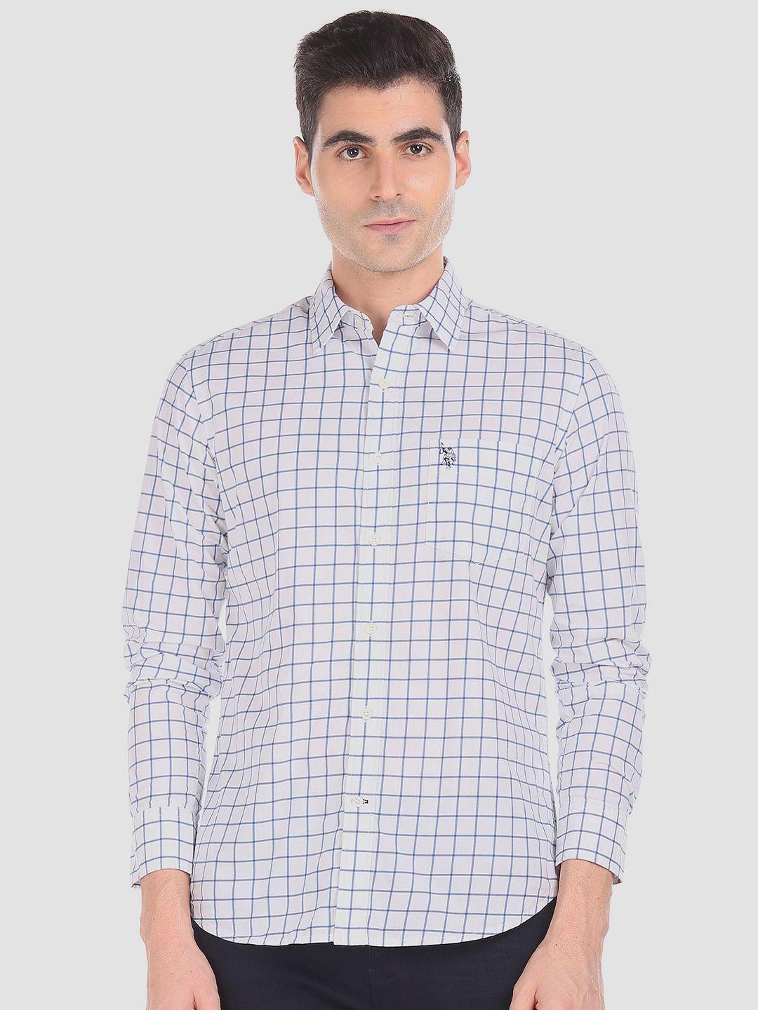 u.s. polo assn. men blue & white tailored fit checked casual shirt