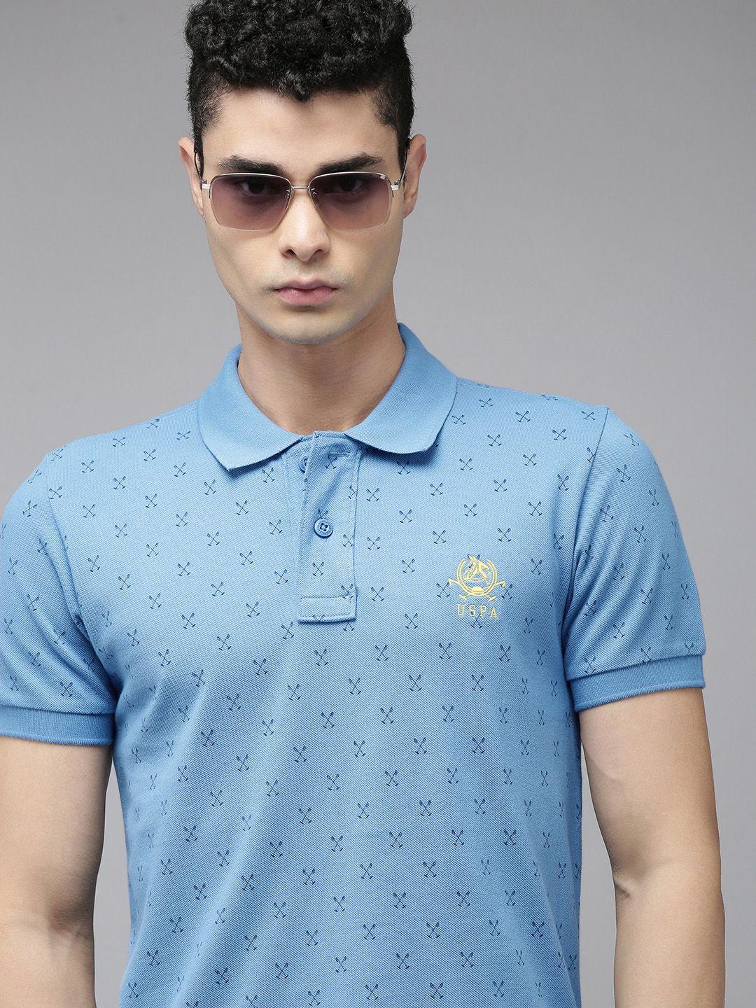 u.s. polo assn. men blue printed polo collar pure cotton slim fit t-shirt