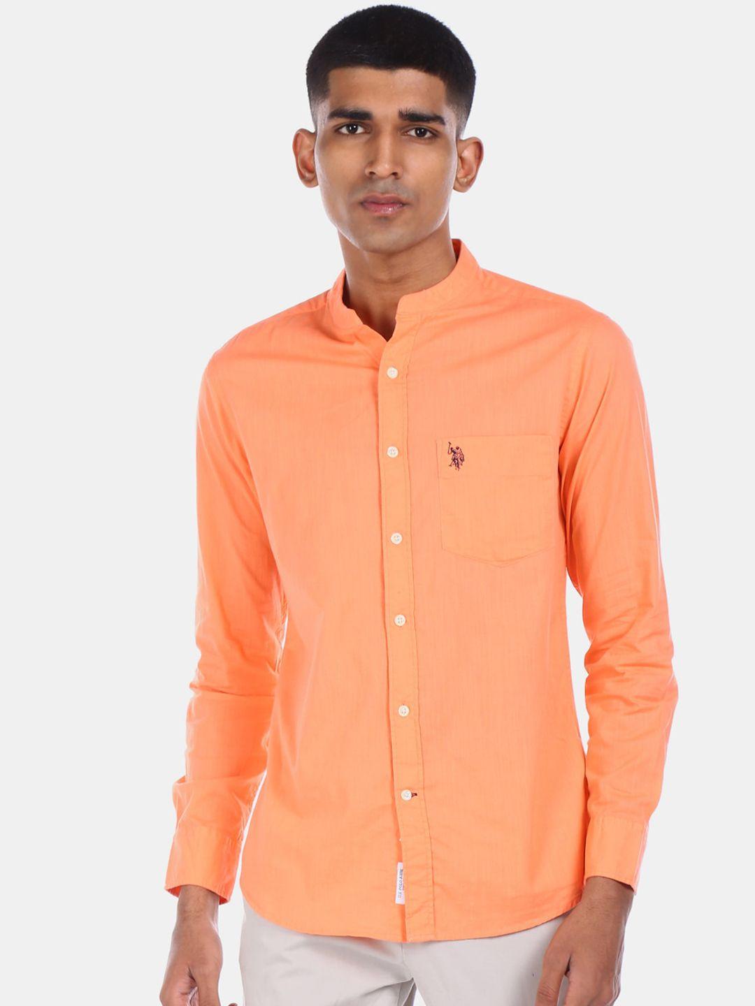 u.s. polo assn. men coral orange regular fit solid cotton casual shirt