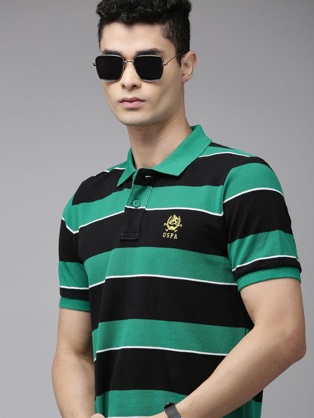 u.s. polo assn. men green & black striped pure cotton slim fit t-shirt