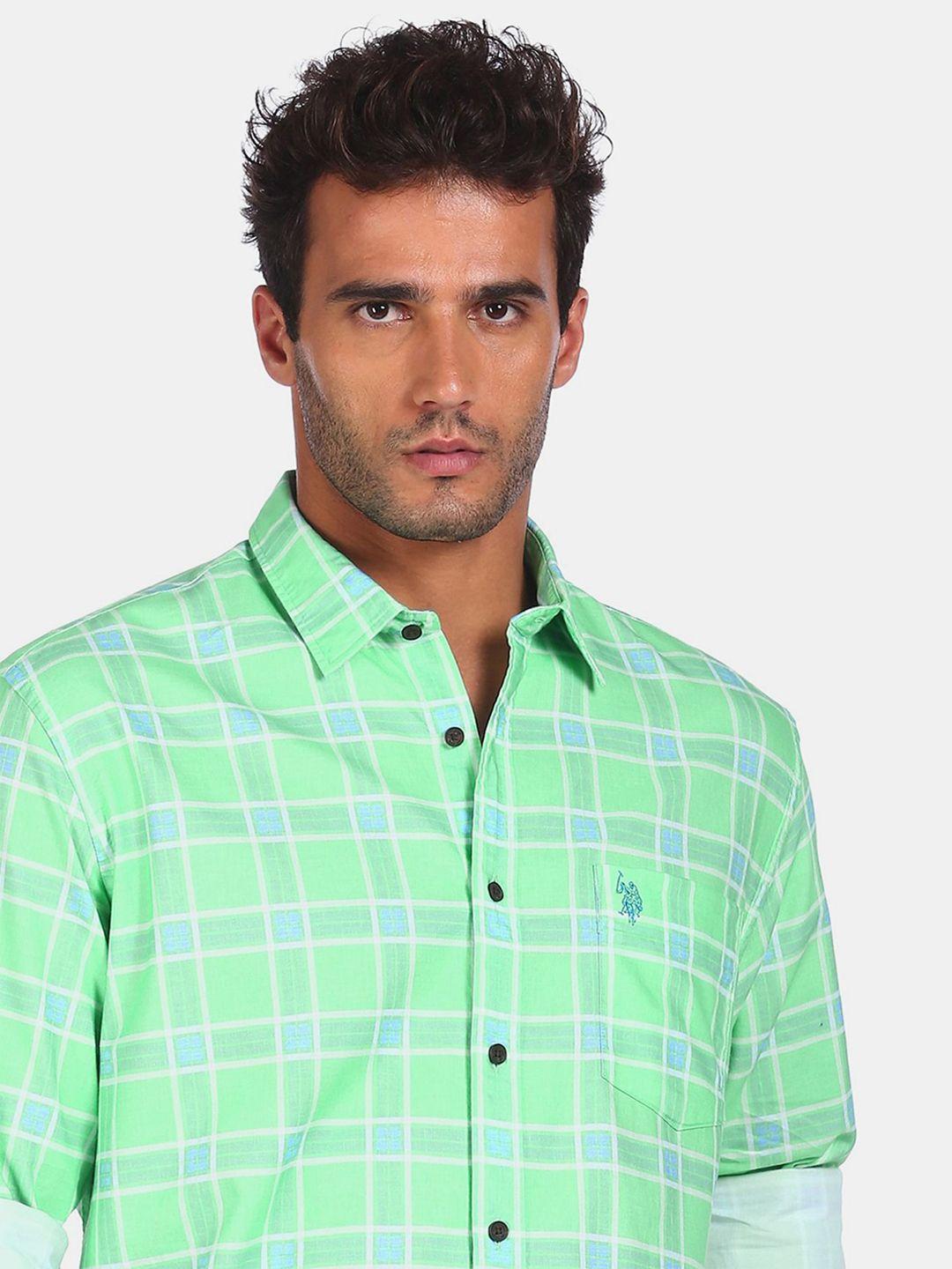 u.s. polo assn. men green & blue tailored fit checked casual shirt