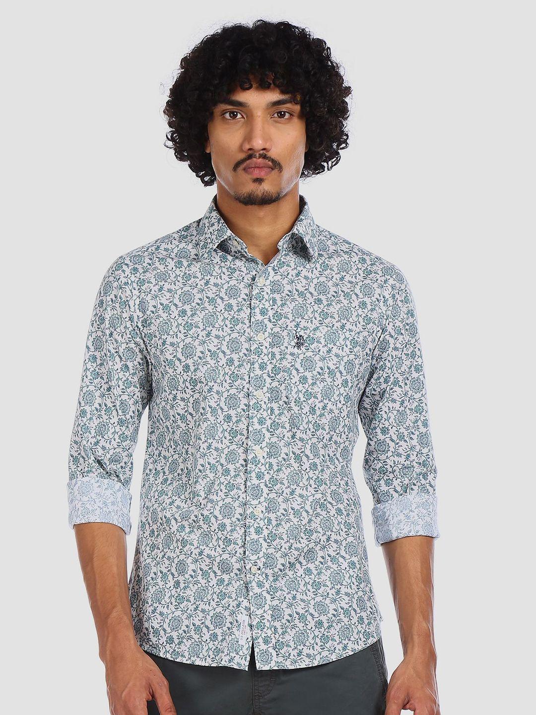 u.s. polo assn. men green & off-white pure cotton tailored fit ethnic print casual shirt