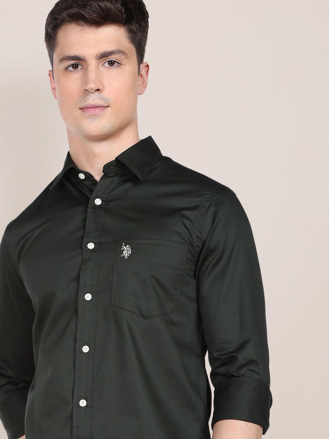 u.s. polo assn. men green solid pure cotton evening satin shirt