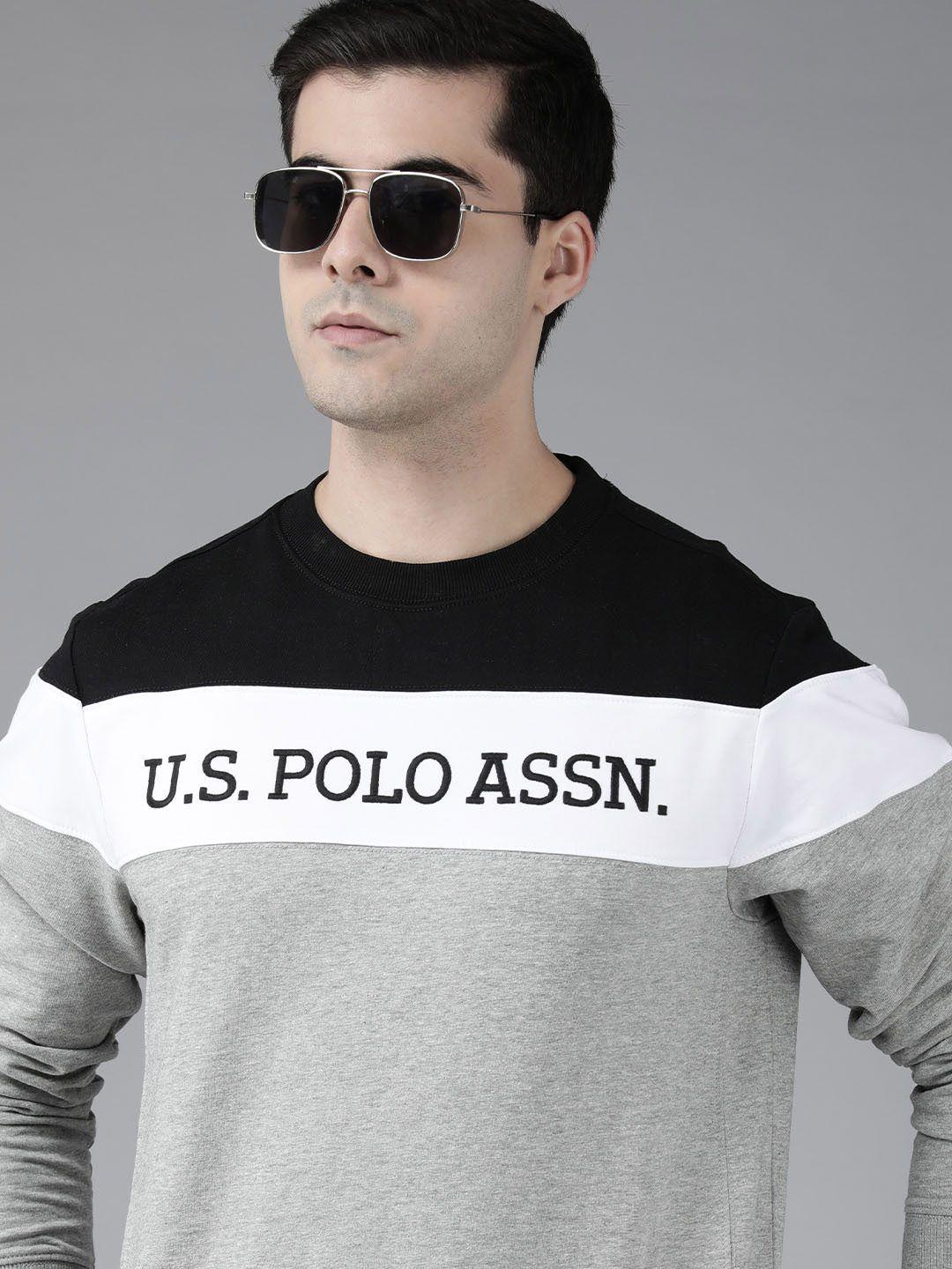 u.s. polo assn. men grey melange & black colourblocked hooded sweatshirt